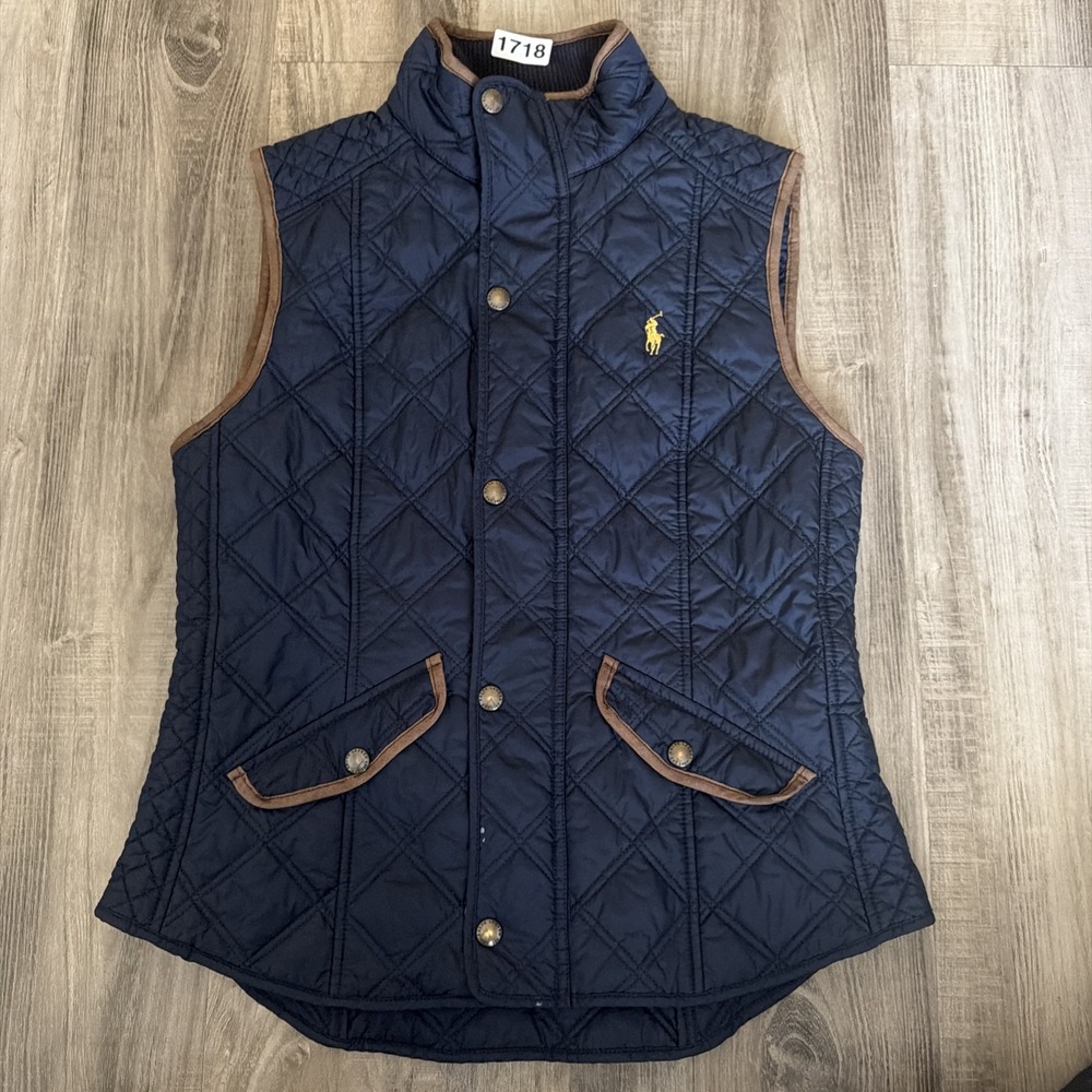 Polo Ralph Lauren Women's Quilted Vest Blue w/ Brown Trim Snap Zip Sleeveless M